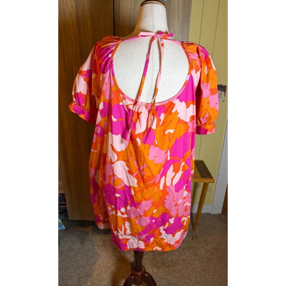 514. Boho Free Assembly Pink Orange Floral Puff Sleeve Mini Dress XL - Picture 4 of 6